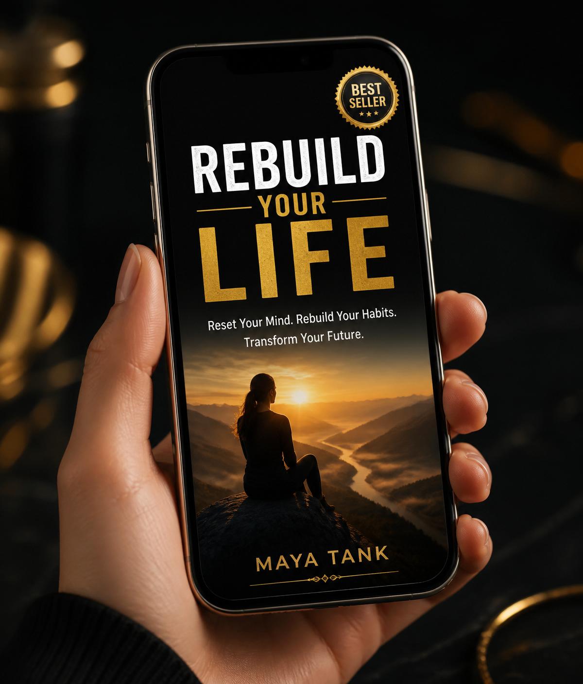 Rebuild Your Life eBook shown on a phone held in hand